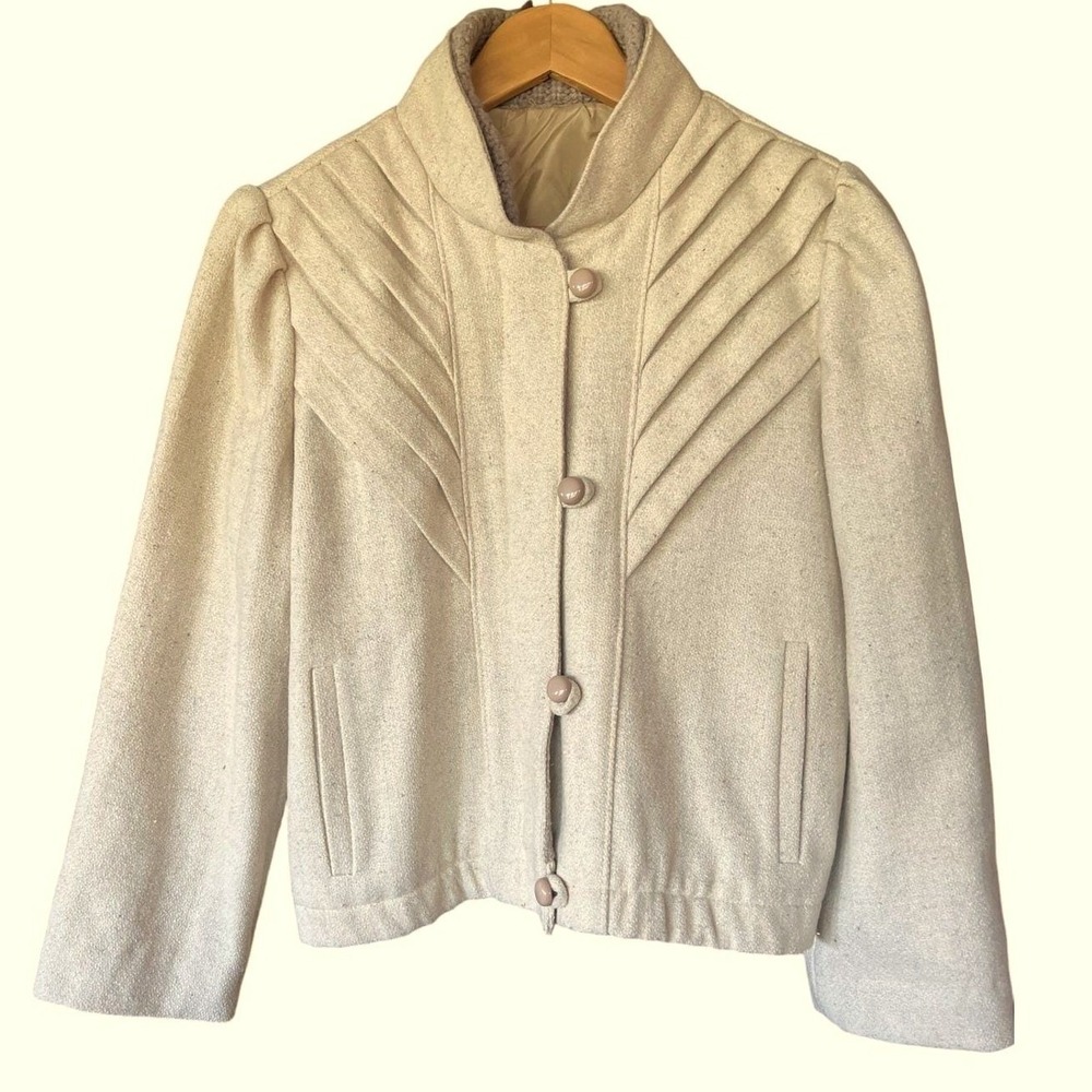 Vintage 70s Cream Wool Pleated Sunburst Jacket Puff Shoulder Quiet Luxury - Picture 2 of 16